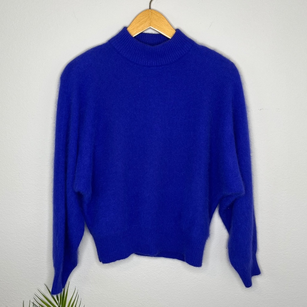 Vintage 80s Rafaella Angora Wool Blend Mock Neck Dolman Blue Sweater Size Medium